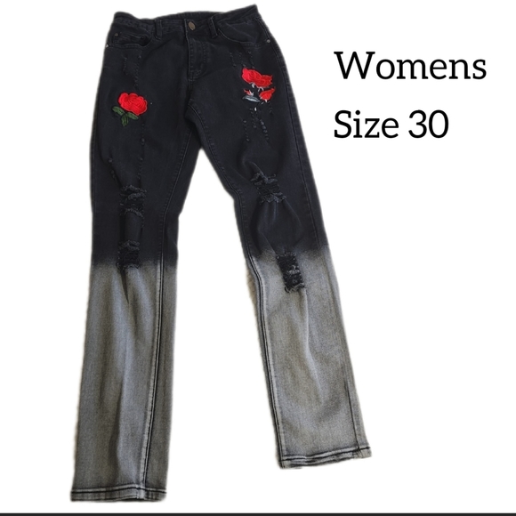 BLACK OMBRE WOMENA JEANS WITH RED ROSES SIZE 30 DISTRESSED - Picture 1 of 12